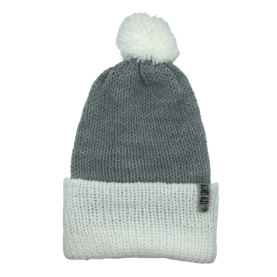 Grant White/Gray Metalic Beanie Bobble Hat - AGNES ALEX