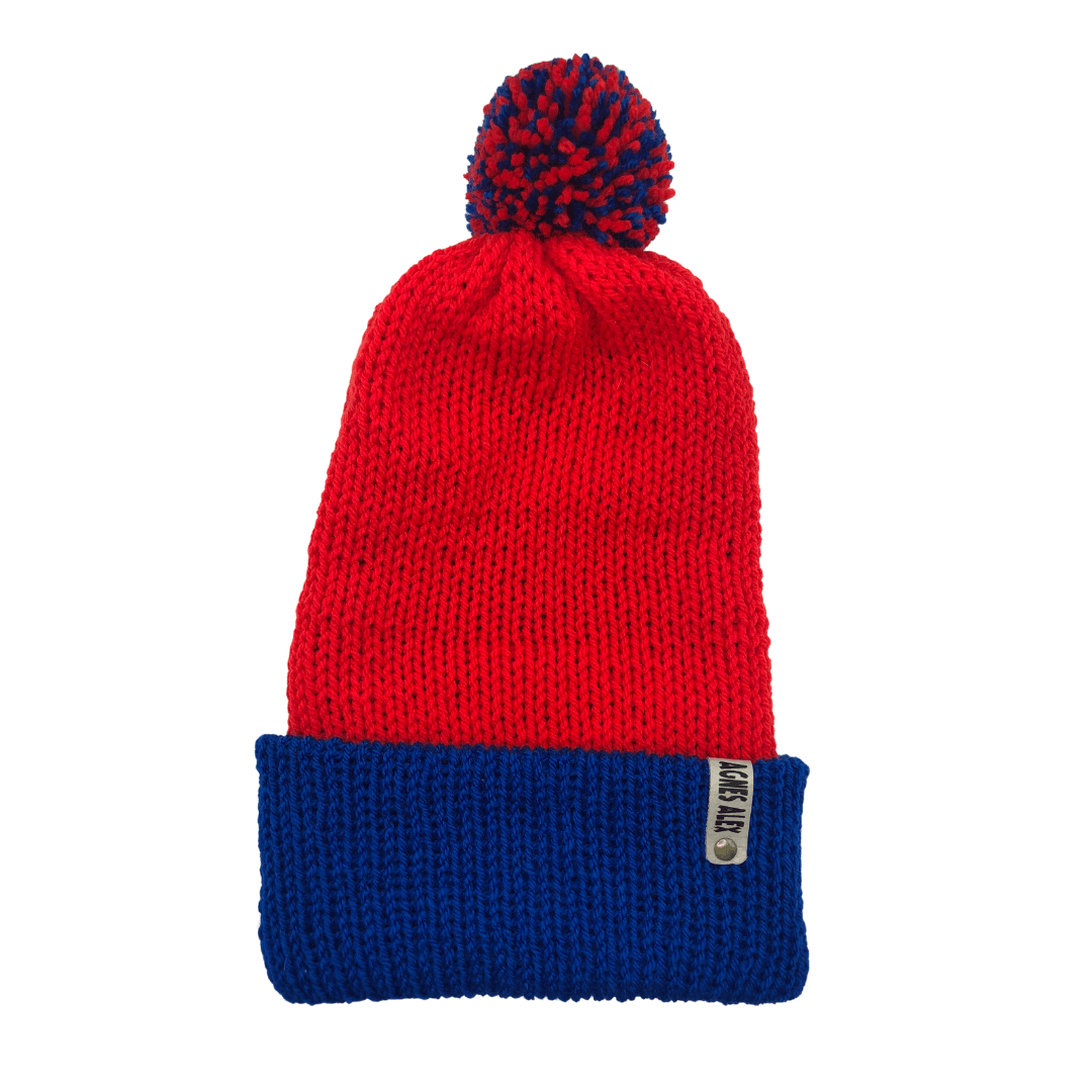 Oban Blue/Red Beanie Bobble Hat - AGNES ALEX